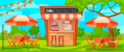 Cartoon outdoor cafe. Cafeteria booth or restaurant terrace outside patio, summer street bistro exterior, dining lunch veranda with table and bench chair, neat vector illustration