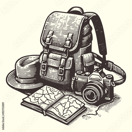 travel backpack with a hat, camera and map vintage sketch