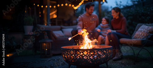 capturing a family sitting around a fire pit in their backyard, roasting marshmallows and sharing stories under the stars, Families, relax, blurred background, with copy space photo