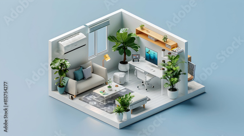 Eco Friendly Office Design Concept: Modern Workspace with Sustainable Materials and Energy Saving Technologies in Isometric Scene. © Gohgah