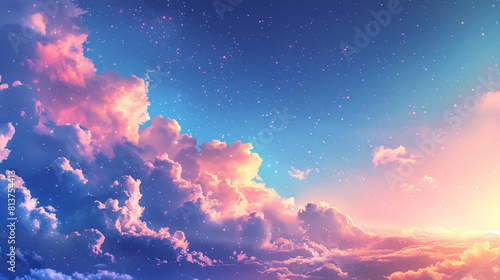 Rainbow unicorn pastel background with glitter stars. Pink fantasy sky. Holographic space with bokeh. Fairy iridescent gradient backdrop. Vector 