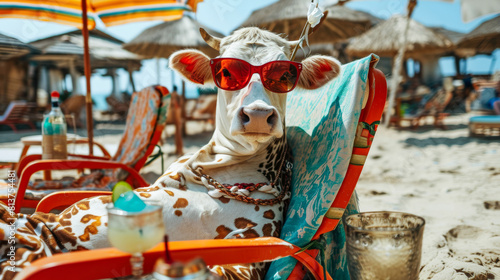 A alpine cow in human clothes lies on a sunbathe on the beach, on a sun lounger, under a bright sun umbrella