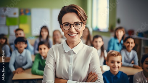 An elementary school teacher stands in front of her class