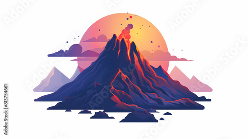 Erupting Volcano at Dusk: Simple Flat Design Concept depicting a dramatic glow over a rugged landscape in isometric scene.