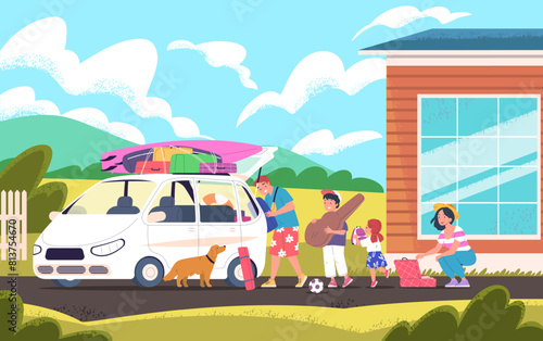 Family packing car. People pack luggage preparation for vacation trip or holiday driveway, dad mom loaded suitcase in open trunk travelers leaving house, classy vector illustration