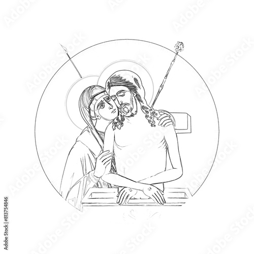 king of Glory. Religious coloring page in Byzantine style on white background