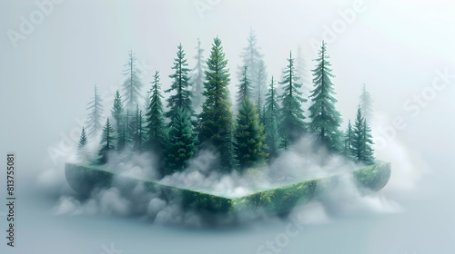 Early Morning Fog Envelops Ancient Woodland in Simple Flat Design Isometric Scene Foggy Old Growth Forest at Dawn Concept Illustration