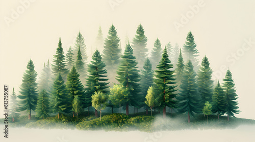 Foggy Old Growth Forest at Dawn   Early morning mist unveils mystery in ancient woodland. Isometric concept design with simple flat icons. © Gohgah