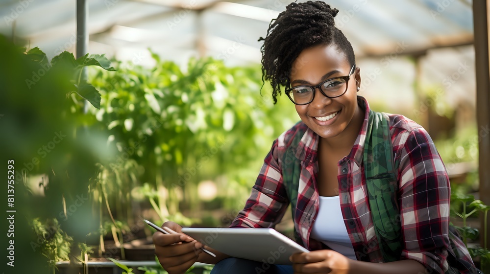 A young woman is smiling while using a tablet in a greenhouse A young woman is smiling while using a tablet in a greenhouse
