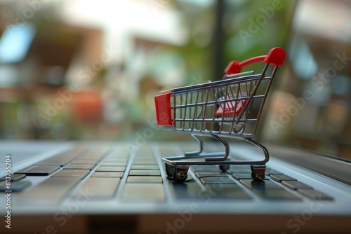A close-up shot of a sleek laptop with a miniature shopping cart perched on the keyboard. online shopping concept