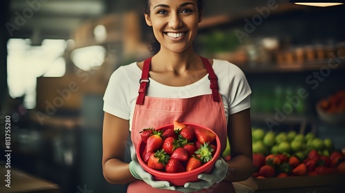 A produce worker holds a bowl of fresh strawberries photo