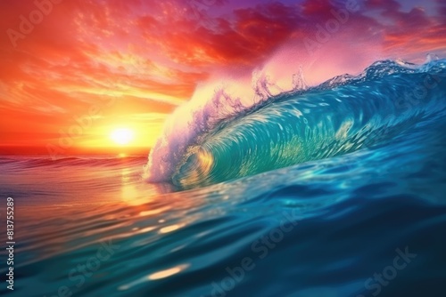 A large wave with the colors of the rainbow crashing in the ocean at sunset. AIG51A.