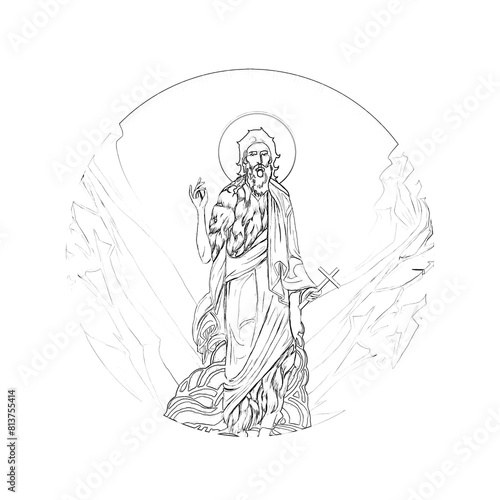 The Baptist John. Religious coloring page in Byzantine style on white background