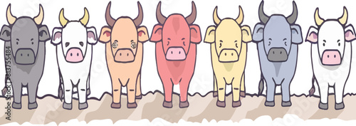 Cute Cartoon Cows, Adorable and Colorful Lineup of Cows Standing Together