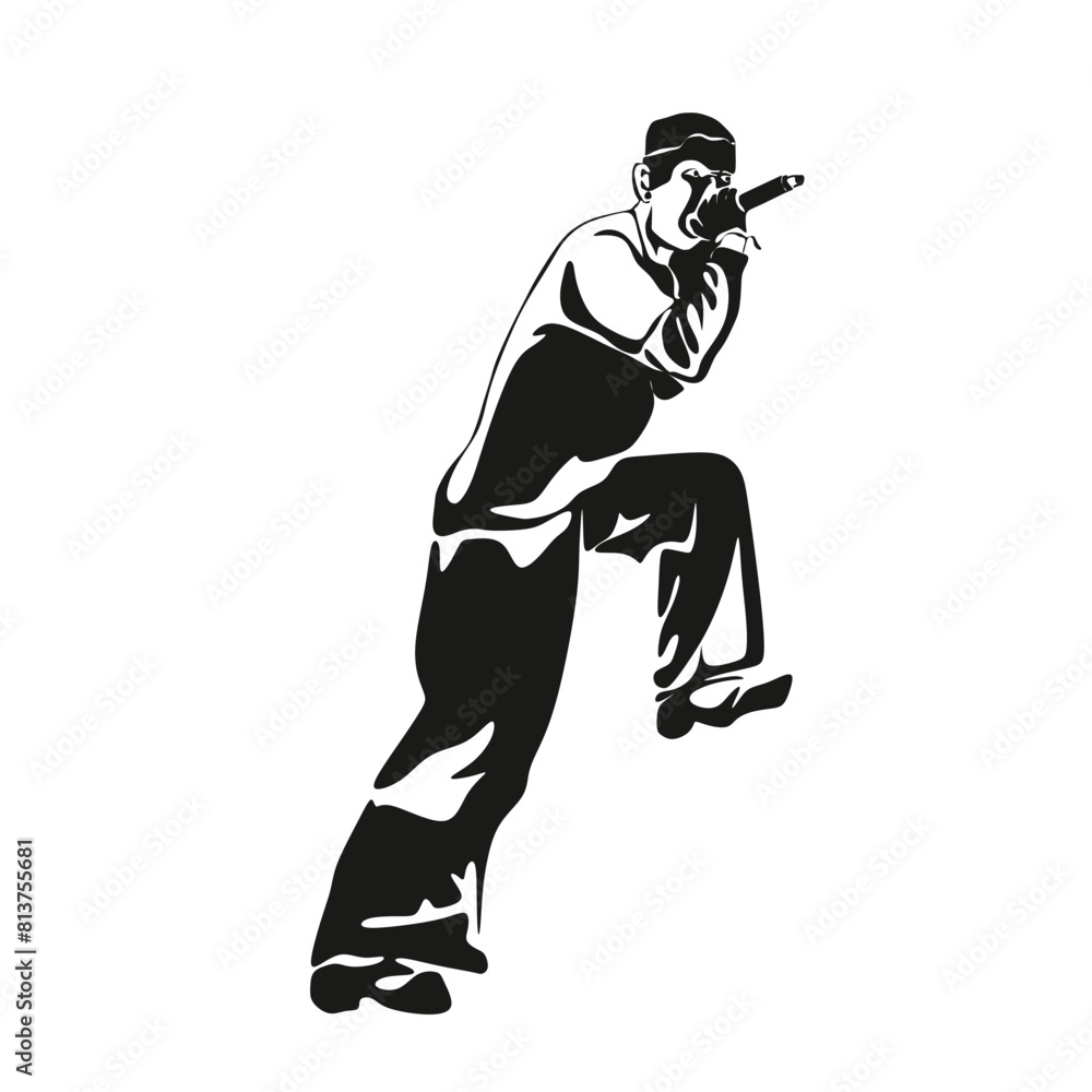Fototapeta premium Man singer silhouette, man singing on mic, singer singing silhouette, vocalist singing to microphone