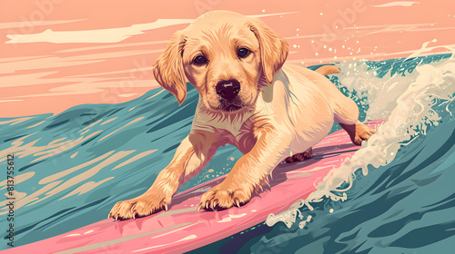 Labrador Retriever dog is spotted surfing in the ocean, generating lively splashes of water. active sport, pink and blue colors.  generative AI