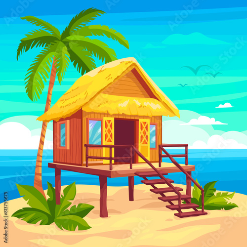 Cartoon bungalow. Beach hut house on stilt tropic island turquoise ocean landscape, private shack country cottage sea building tropical summer cabin, ingenious vector illustration © ssstocker