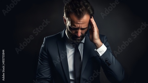 A man in a suit is very stressed and has a headache