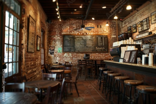 A wide-angle view of a coffee shop interior featuring a prominent brick wall and an empty menu board