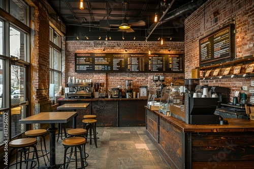 A coffee shop interior featuring a brick wall and wooden stools with an empty menu board displayed prominently