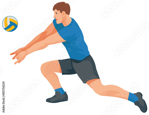 Isolated figure of a volleyball player in blue t-shirt who hits the ball from below