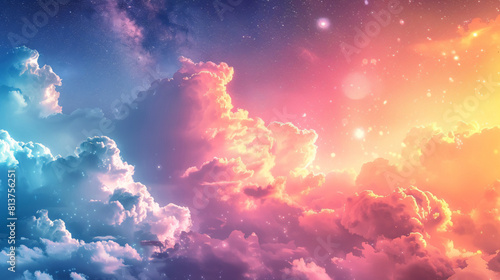 Kawaii Fantasy Pastel Colorful Sky with Clouds and Stars Background in Paper Cut and Paste Style	 photo