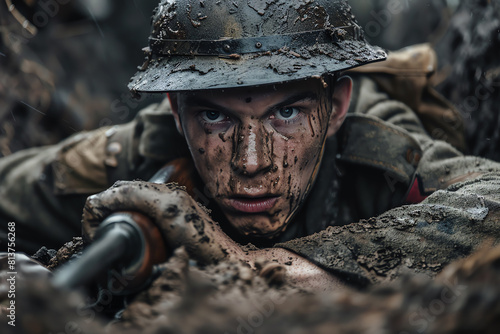 Detailed shot of a WW1 soldier, mudsplattered and determined, fighting in the trenches under heavy artillery fire