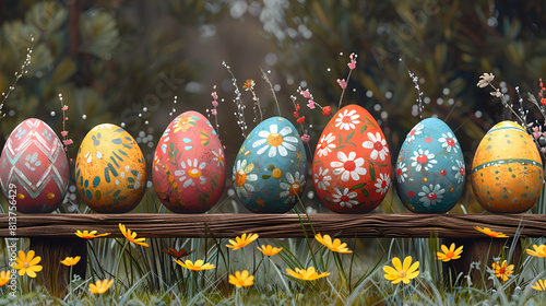 A Collection of Painted Easter Eggs Celebrating,
Many Easter eggs in the meadow realistic
