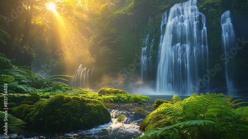 Dynamic waterfall cascading through lush green wilderness at dawn.