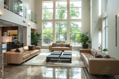 A spacious living room with high ceilings  leather furniture  and abundant natural light streaming through large windows