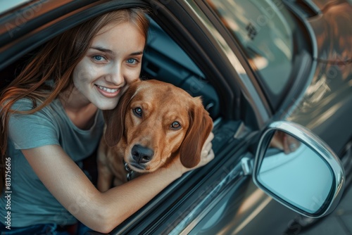 Young woman smiling in car drivers seat with her dog beside her, happy and relaxed