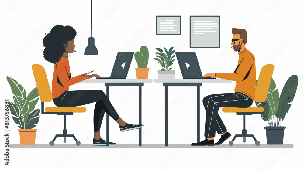 two people engaged in phone conversations. A woman's wearing a red shirt, black pants, glasses, and with long black hair. a man's wearing a yellow shirt, blue pants, glasses, and short brown hair. two people engaged in phone conversations. A woman's wearing a red shirt, black pants, glasses, and with long black hair. a man's wearing a yellow shirt, blue pants, glasses, and short brown hair.