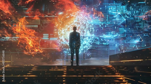 A man in a suit standing on stairs, looking at a holographic roc  photo