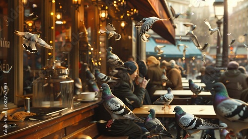 many pigeons on a table and on the ground in front of a cafe photo