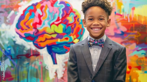 A smartly dressed boy smiling in front of a colorful painting of a brain, representing a concept of education and intelligence, photo