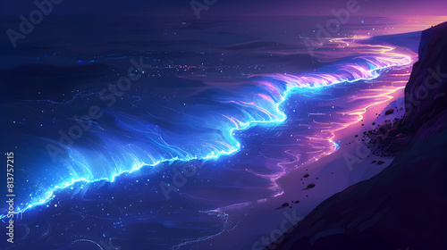 Midnight Glow on the Shore: Waves Crashing in Mystical Blue Glow   Isometric Flat Design Illustration of Dark Beach under Moonlight © Gohgah