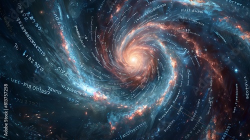 A spiral galaxy with many mathematical equations and formulae written all over it, seen from space in the style of various artists. 