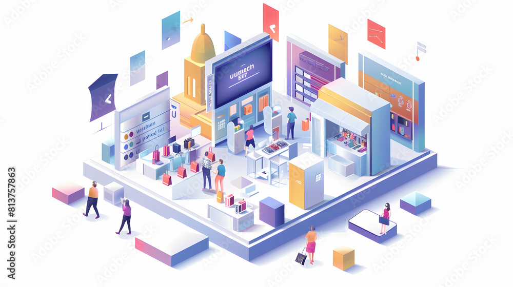 Integrated Omnichannel Experience Design Concept with Simple Flat Design Isometric Scenes for Consistent Customer Touchpoints
