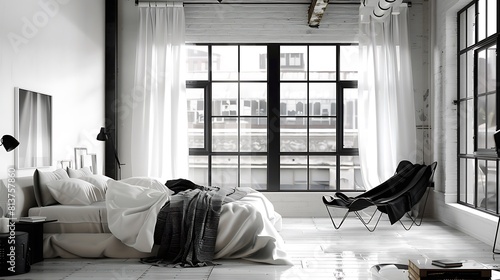 A bedroom with white walls large windows and black accents  © Wajid