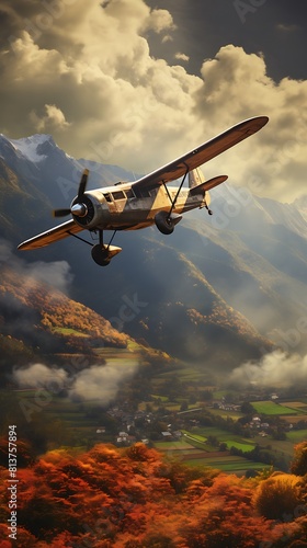 A vintage airplane flying over the countryside
