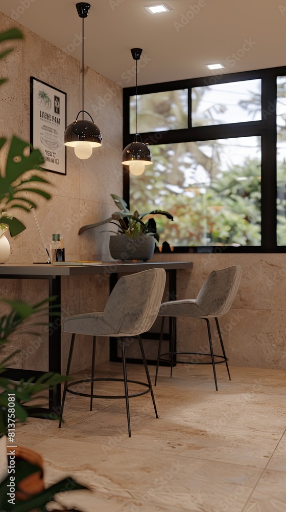 Fototapeta premium a business office, featuring a modern table and chairs set against a backdrop of urban sophistication.