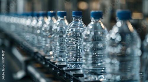 Close-up of Mineral water bottles on production line, plastic, industrial setting © growth.ai