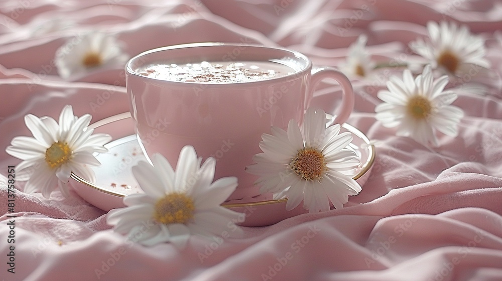 A close-up of a cup of coffee on a saucer adorned with daisies on a pink bedsheet A close-up of a cup of coffee on a saucer adorned with daisies on a pink bedsheet