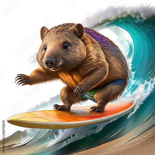 Cartoon Wombat surfing a wave, Australian wombats