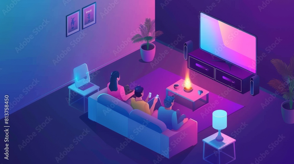 3d modern web banner of a home cinema isometric landing page with a family on the sofa watching a large TV with dynamics system. A couple sits on the couch watching the television in front of a 3d modern web banner of a home cinema isometric landing page with a family on the sofa watching a large TV with dynamics system. A couple sits on the couch watching the television in front of a