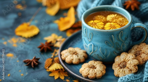  An autumnal tableau, the teacup is framed by a plateful of orange leaves and anise stars