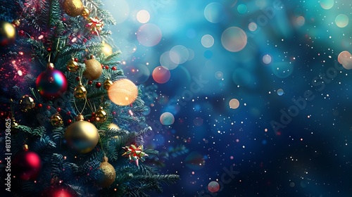 Christmas tree with colorful decorations on blue background with bokeh lights, banner design