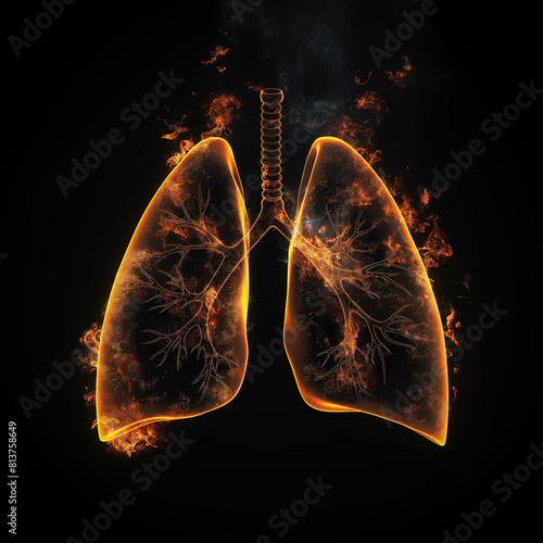 The image shows a pair of human lungs on fire. The lungs are orange and yellow, and the veins and arteries are red and blue. The background is black. photo