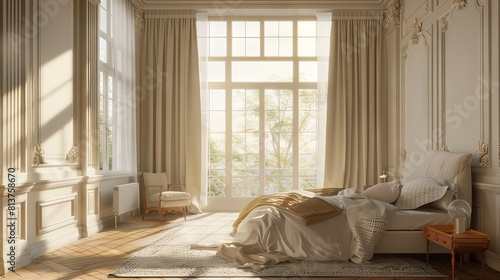 Classical home bedroom interior with bed and panoramic window. © Shahriyar