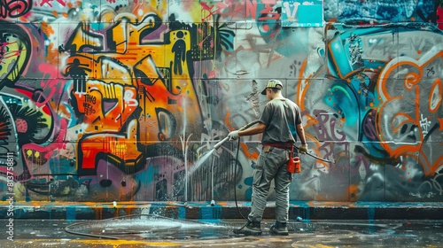 Cleaner worker washing graffiti wall  graffiti remover  vandalism  street art problem.